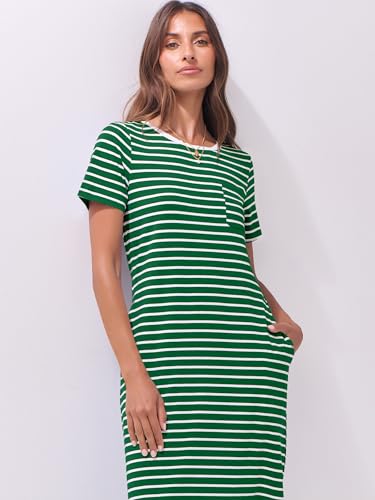 Image of ANRABESS Womens Midi Dress,Summer Long Tshirts Dresses,Short Sleeve Split Stripe,Comfy Travel Beach Vacation Casual Wear