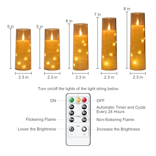 Image of Raycare Flameless Candle with Remote Timer - 5 Flickering Acrylic Battery Operated LED Pillar Candles with Embedded Star String for Christmas, Home Decor, and as a Gift(Glod)