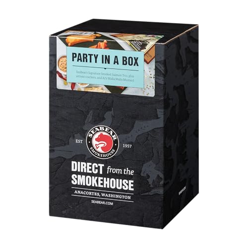 SeaBear Smokehouse Party in a Box – Wild Caught Smoked Salmon Gift Set with King, Sockeye & Pink Salmon, Mustard & Artisan Crackers