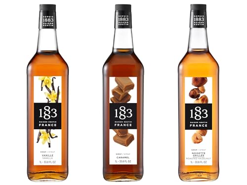 Image of 1883 Vanilla, Caramel, Roasted Hazelnut Syrups (Coffeehouse Favorites) for Coffee & Drinks - 1 Liter Glass Bottles (Pack of 3)
