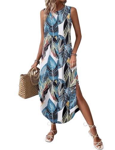 Image of Zeagoo Women Floral Summer Casual Beach Printed Tank Dress with Pockets Pleated Front Long Dress