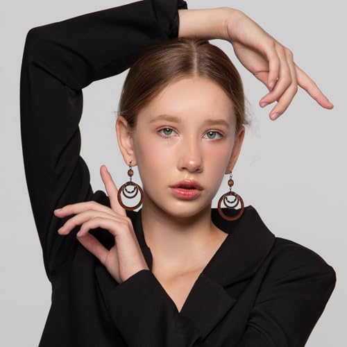 Yuanchnu Handmade Wooden Dangle Boho Earrings for Women, Bohemian Earring Vintage Carved Brown Circle Openwork Brown Drop Tribal Multi-Layer Hoop Earring Wood Hollow Geometric Lightweight Jewelry Gift3