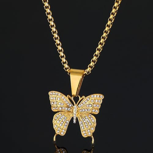 18K Gold Plated Iced Out Stainless Steel Animal Butterfly Pendant Necklace4