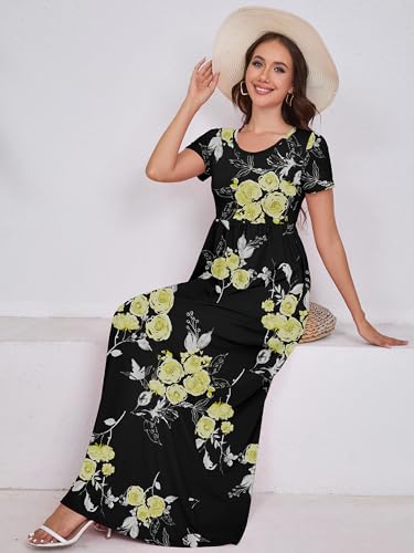 Image of DEARCASE Maxi Dress for Women Short Sleeve Casual Summer Loose Plain Comfy Long Dresses with Pockets