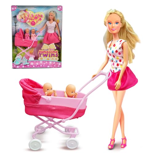 Image of Steffi Love Sunshine Twins| Pretend Play Set with Baby Stroll and Adorable Twin Babies| Safe 16+Baby Accessories| Adorable Role Play Set for Girls Age 3+ (White & Pink)