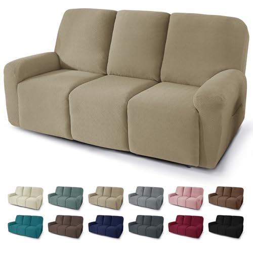 JIVINER 5 Pieces Recliner Sofa Covers Stretch Recliner Sofa Slipcover with Elastic Bottom Jacquard Fitted Reclining 3 Cushion Couch Cover Furniture Protector with Pockets (3 Seater, Khaki)