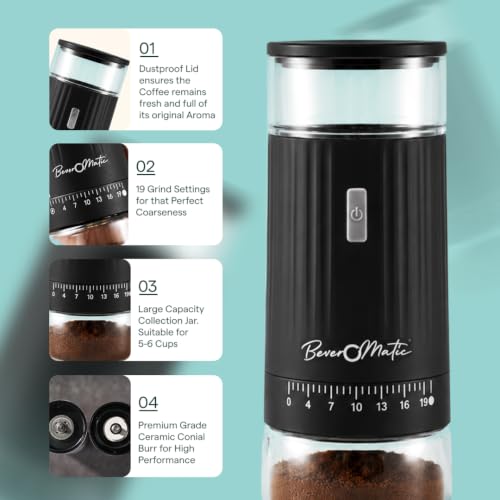 Image of Rechargeable Electric Coffee Grinder | 19 Grind Settings, Ceramic Conial Burr, Stainless Steel Housing, 60 Grams Bean Capacity,1600 MAH Battery, Auto Cut Off