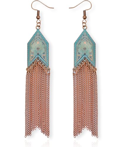 Vintage Country Western Jewelry for Women: Dangle Boho Turquoise & Bronze Patina Earrings with Long Copper Tassel Chains | Dangle Earring Set, Cowboy Chic Style Geometric Concert Festival Accessories