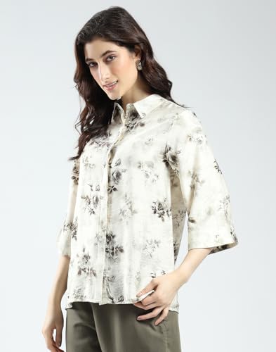 Image of Monte Carlo Women's Regular Fit Floral Collared Neck Top | 3 /4 Sleeve Casual Wear | Stylish & Comfortable | Everyday Top Wear for Women Off