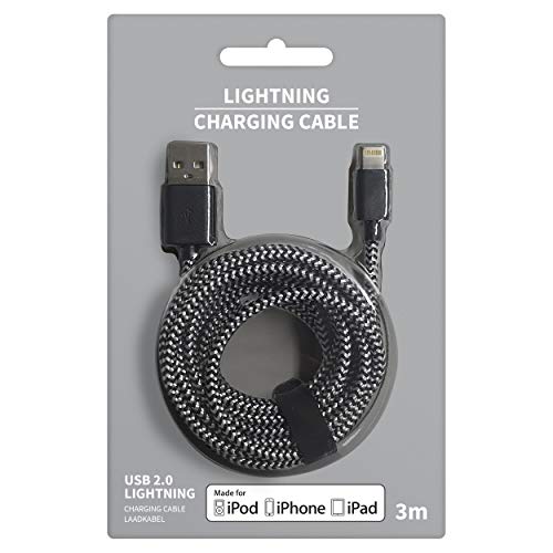 Kangaro Oplaadkabel, 8-pins, MFI, 3 m, zwart/wit, synchronisatiekabel, USB-oplaadkabel, geschikt voor smartphones en tablets