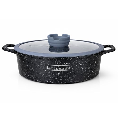 GOLDMANN 28 CM (3.5L) Guss-Aluminium Flache Auflaufform mit Glasdeckel, Marmor-Keramik-Antihaftbeschichtung, PFOA-frei, für Induktion & alle Herdarten