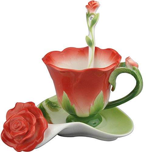 Ybk Tech Creative 3D Rose Bone China Ceramic Coffee Mugs Afternoon Tea Cup And Saucer Set (Red) #TOP4