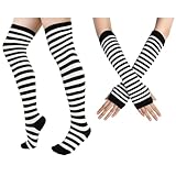 Junely Thigh High Socks and Gloves Black and White Striped Fingerless Gloves and Stockings Set Over the Knee Extra Long Christmas Cosplay Costume Accessories