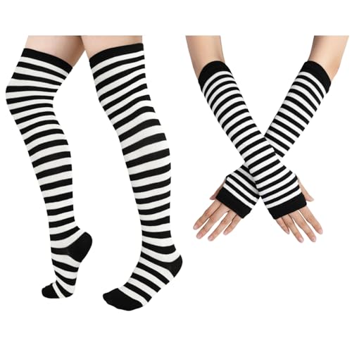 Junely Thigh High Socks and Gloves Black and White Striped Fingerless Gloves and Stockings Set Over the Knee Extra Long Christmas Cosplay Costume Accessories