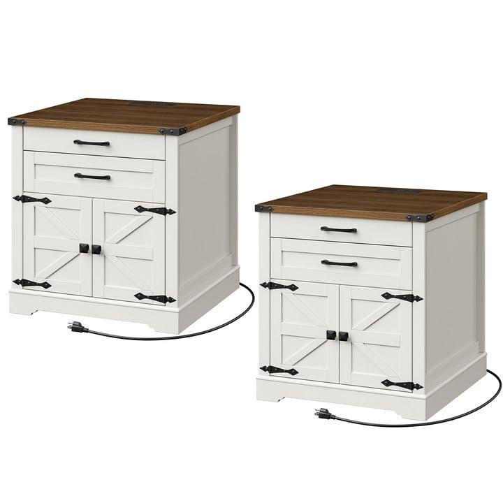 Farmhouse End Table Set of 2, 24'' Sofa Side Table with 2 Drawers and Barn Door, Large Rustic Wooden Square Nightstand for Bedroom, Living Room, White and Walnut