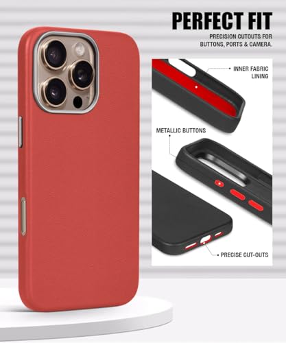 Image of WOW IMAGINE Back Cover for iPhone 16 Pro | Shockproof Tough Leather Texture Hard Mobile Case | Ultra Slim Non-Slip Grip | Inner Velvet Fabric | Metal Camera Ring - Crimson Red