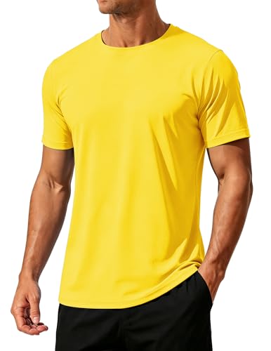 Image of SMENG Men's Rash Guard Short Sleeve, UPF 50+ UV Sun Protection SPF Shirts, Lightweight Fishing Swim T-Shirt Yellow M