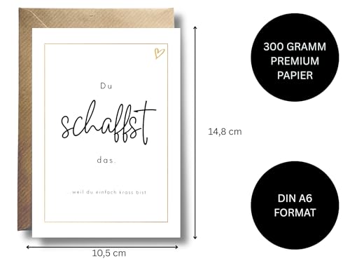 WBdesignz Aufmunterungskarte „Du schaffst das.“ mit Umschlag - süße Motivationkarte mit goldenem Rahmen- und Herz-Detail - perfekt für Geburtstag, Abschied, Neuanfang oder als Dankeschön (DIN A6)