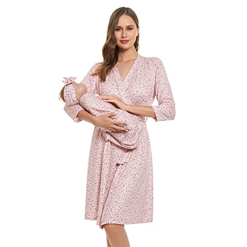 RWRWMOONPUT Mommy Robe für Umstands- und Baby-Wickeldecke, passender Bademantel und Empfangsdecke, Set mit rosa Ditsy RWRWMOONPUT Mommy Robe für Umstands- und Baby-Wickeldecke, passender Bademantel und Empfangsdecke, Set mit rosa Ditsy
