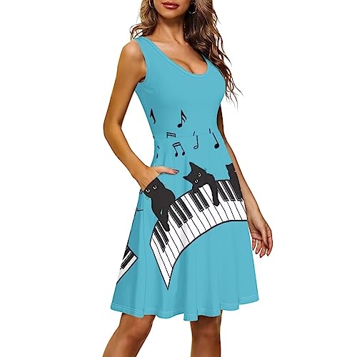 Image of Women's Casual Loose Sundress Midi Sleeveless Crewneck Dress Summer Beach Tank Dress with Pockets
