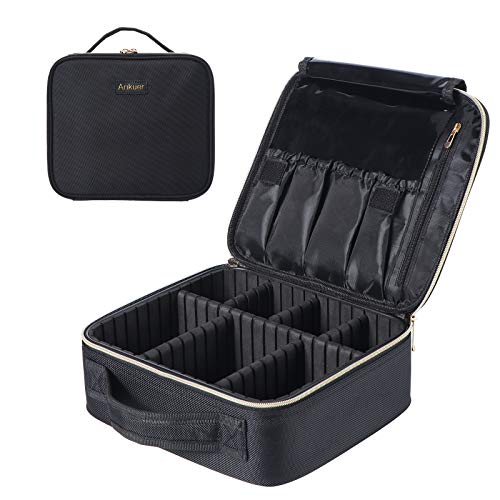 ANKUER Travel Makeup Case: Large Cosmetic Bag with Brush Organizer Portable Makeup Bag for Women and Girls Cosmetic Case with Adjustable Dividers (Black)