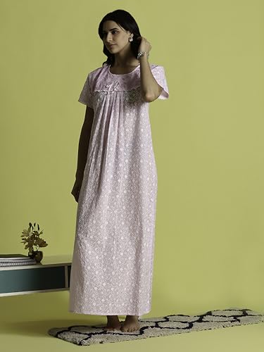 Image of 9shines Label Stylish Chikankari Cotton Nighty Maxi for Women | Full Length Nightgown | Nightdress with Pocket | Embroidery Nighty | Soft Comfortable Cotton Nightwear (1545)