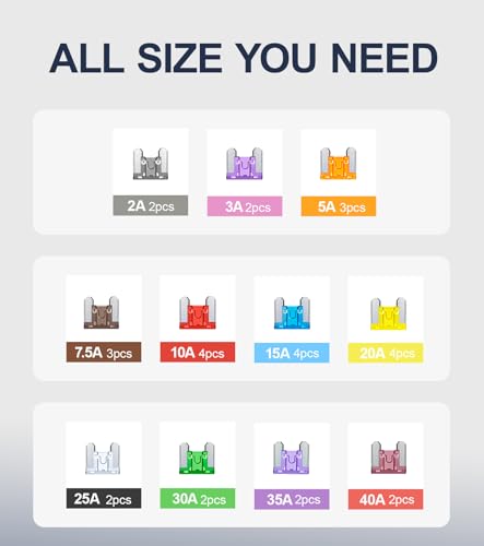 JOREST 30Pcs Micro Car Fuse Kit - Micro Mini Blade Fuses Automotive - Replacement Fuses Assortment Kit for Car/RV/Truck/Motorcycle(2Amp 3A 5A 7.5A 10A 15A 20A 25A 30A 35A 40A)
