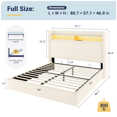 Image of Allewie Full Size Lift Up Storage LED Bed Frame, Charging Station, Cream