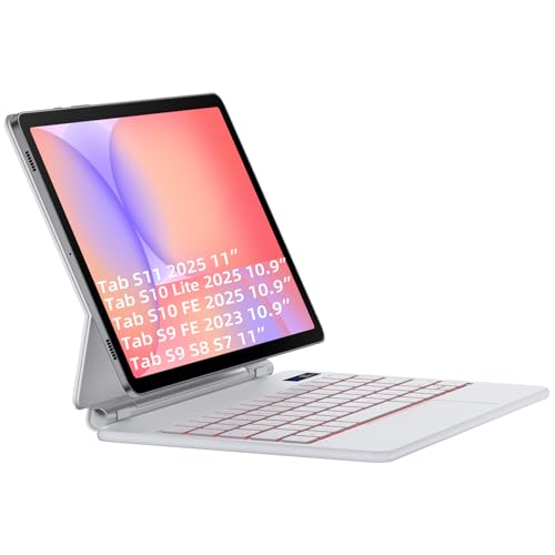 Image of JUQITECH Magic Keyboard Case for Samsung Galaxy Tab S10 Lite S10 FE S9 FE 10.9 Inch S11 S9 11 inch, Floating Cantilever Magnetic Stand Wireless Backlit Trackpad Keyboard, S Pen Slot LED Display