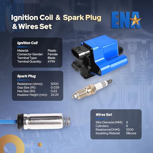 Image of ENA UF271 Square Ignition Coils 41-962 Spark Plugs 748UU Spark Plug Wires Set Compatible with Chevy Silverado Avalanche Suburban Tahoe Express GMC Sierra Yukon Escalade 4.8L 5.3L 6.0L, Set of 8