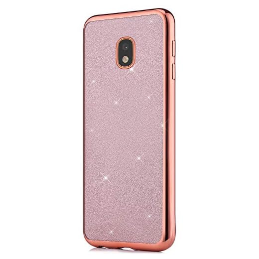 QPOLLY kompatibel med Samsung Galaxy J3 2017 skal silikon glitter bling kristall glitter mobilskal transparent mjukt fodral överdrag TPU stötfångare extra lätt smal baksida skyddsfodral, roséguld + enkel förpackning