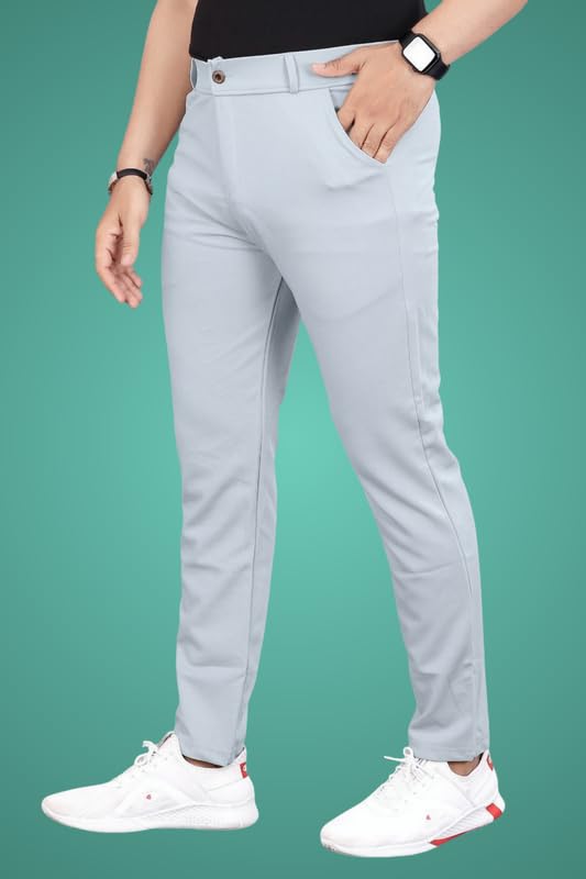 Image of Slim Fit Lycra Blend Pants for Men | Stretchable, Breathable Formal Trousers with Dual Side Pockets & Button Closure | Comfortable for Office, Travel & Casual Wear