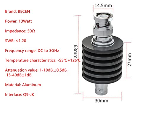 Atenuador RF BNC macho para fêmea BECEN 10W, 1-40db, DC para 3GHz, 50 ohm, 3db