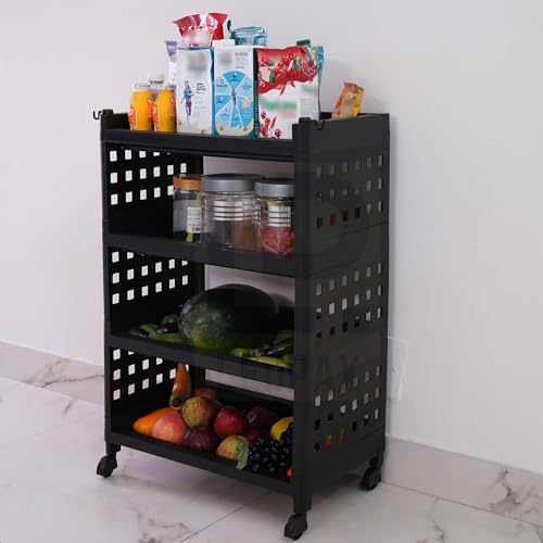 Image of LEOPAX 4 Layers Plastic Rolling Storage Rack | Multipurpose Stackable Storage Rack with Wheels for Kitchen Laundry Room Bathroom Office Home - Black (50 x 30 x 75cm)