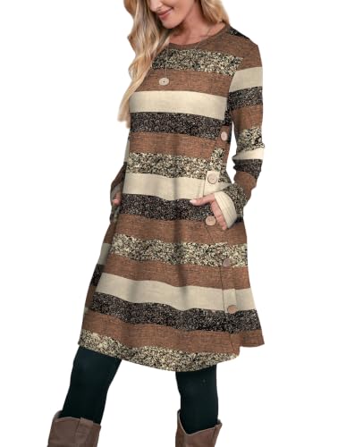 Image of OFEEFAN Fall Dresses for Women 2026 Crew Neck Long Sleeve Dress with Pockets
