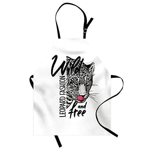 Ambesonne Leopard Apron, Wild And Free Lettering With Spotted Savage Predator Big Jungle Cat, Unisex Kitchen Bib With Adjustable Neck For Cooking Gardening, Adult Size, Charcoal Grey Green Pink #TOP22