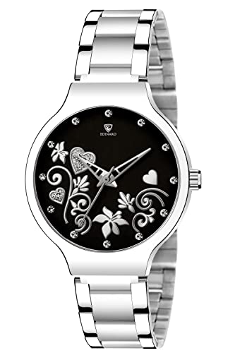 EDINARO Gorgeous Analogue Round Studded Dial Watches for Women and Ladies Watch with Stainless Steel Adjustable Bracelet Strap with Double Lock Clasp Watches for Girls
