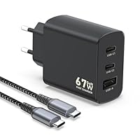 67W USB C Ladegerät, 3-Port USB PD Schnellladegerät GaN Fast Charger mit Ladekabel 2M, USB C Netzteil für MacBook Pro/Air, iPhone 16/15 Serie, iPad, Galaxy S25 Ultra/S24/S23/S22, Pixel, Handys