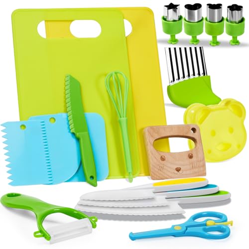 OLANRUN Kids Knife Set for Real Cooking, 19 PCS Montessori Kitchen Toys for Toddlers-Kids Cooking Sets Real with Plastic Children Safe Knives Crinkle Cutter Kids Cutting Board Cake Scraper Scissors