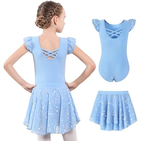 DIPUG Ballet Leotards for Girls Toddler Dance Leotard Set with Removable Shiny Skirt (Blue, 6-8 Years) Cover