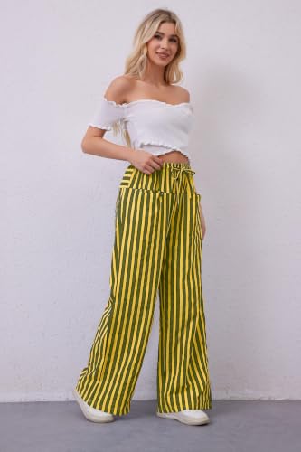 Image of MISSACTIVER Women Drawstring Striped Pants Loose Wide Leg Trousers Casual Low Waist Pants Comfy Lounge Pants with Pockets