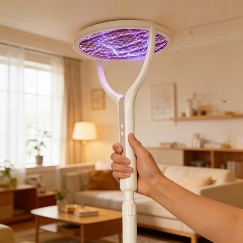 DAJASD Raqueta Mosquitos Eléctrica, 3500V Mata Mosquitos Electrico, Recargable 1200mAh Raqueta Matamoscas Electrica con Extensión Telescópica,Base, Mata Moscas para Interiores y Exteriores