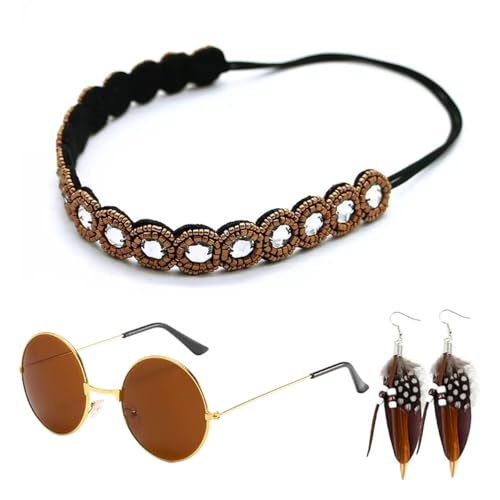 Visxcnu 3Pezzi Costume da Hippie Donna, Accessori Hippie da Donna, Boho Hippie Anni '60 Anni '70 Accessorio Hippie, Accessori Hippie in Stile retrò per Discoteca Halloween Carnevale Cosplay