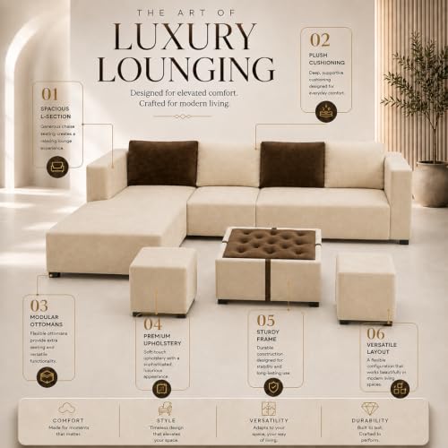 Image of FURNY Olympus 8 Seater LHS L Shape Sofa Set | Plush Velvet Suede Fabric | Modern Design | Soft Comfort Dual Color Cushions for Living Room, Office & Hotels (Cream-Dark Brown)