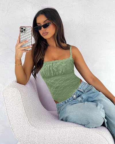 Saslax Women's Sexy Square Neck Lace Sleeveless Bodysuit Tank Tops Double Lined Body Suit Thong Outfits