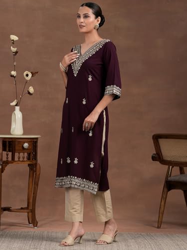 Image of Libas Womens Embroidered Viscose Straight Kurta for Women | Ethnic wear | Bridal Suit | Wedding Dress | Occasion wear