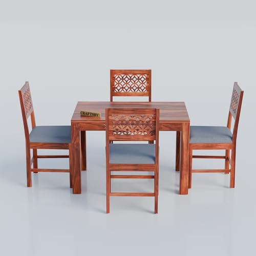 Image of 45 Inch Length Solid Sheesham Wood 4 Seater Dining Table Set | Four Seater Dinner Table with 4 Cushions Chairs | Dinning Table Set 4 Seater for Living Room | Table & Chair Set | Honey Finish