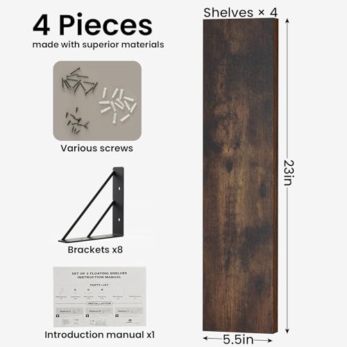 Image of BAYKA Wall Shelves for Bedroom Decor, Floating Shelves for Wall, Display Mounted Rustic Wood Shelf for Books,Plants,Corner Shelves for Bathroom,Kitchen,Living Room(Rustic Brown,23in,Set of 4)