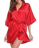 Vlazom Women's Kimono Robes Short Satin Silk Bridal Party Robe with Oblique V-Neck