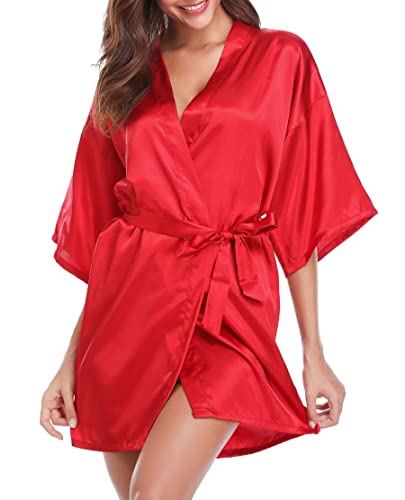 Vlazom Women's Kimono Robes Short Satin Silk Bridal Party Robe With Oblique V-Neck #TOP26